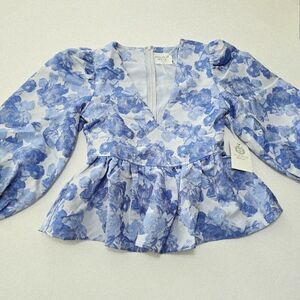 Tuckernuck - XXS Hyacinth House Blue Jacquard Puff Sleeve Eleanor Blouse